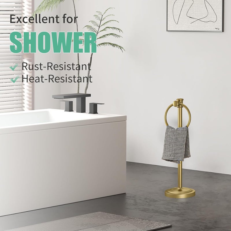 Hoimpro 17 Inch Stand Hand Towel Holder Towel Bar Towel Hanging Ring, Free Standing Floor Hand Towel Rack Storage for Bathroom Kitchen Vanity Countertops, Hardware Accessories(Brushed Gold) - Image 4